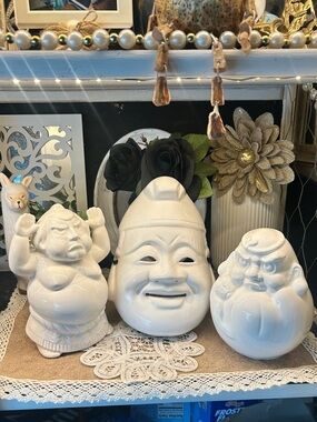 Vintage White Ceramic Japanese Trio: Benihana Sumo & Daruma Tiki Mugs + Pier 1 D